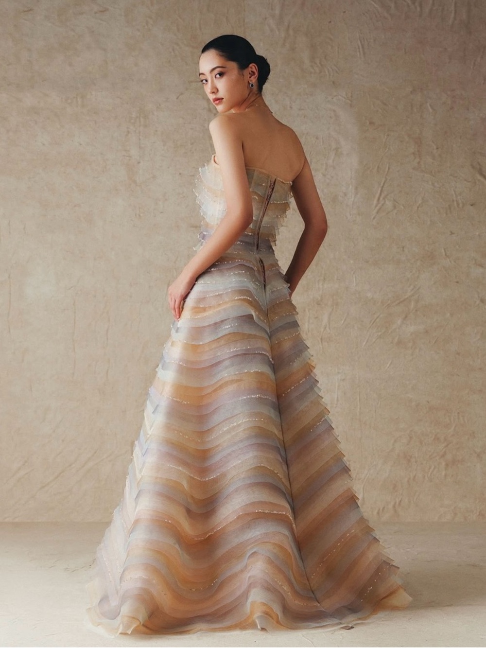 Strapless A-line Pastel Wave-Effect Evening Gown - Picture 3 of 6